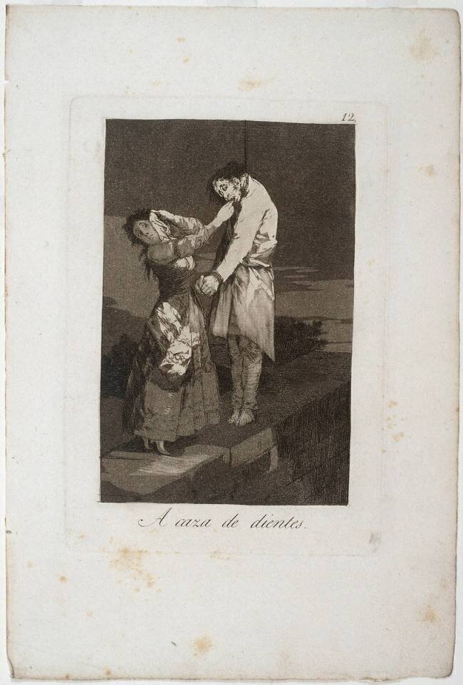 Les Caprices I : planche 12. "A caza de dientes" Francisco de Goya