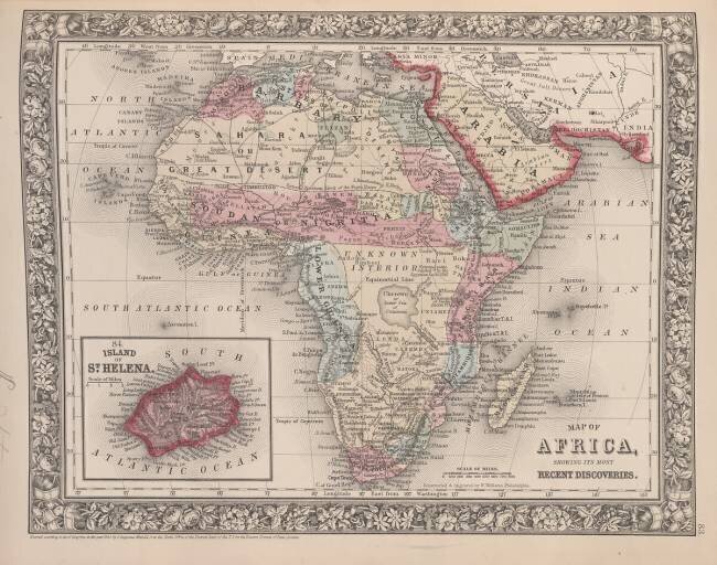 Map of Africa showing its most recent discoveries with the Island of St. Helena inset from Mitchell's new general atlas American School