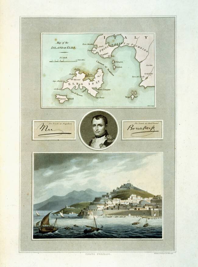 Map of Elba and View of Porto Ferraio with portrait of Napoleon and facsimile of his signature English School
