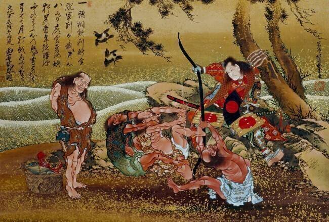 Minamoto no Tametomo challenging the wild inhabitants of Onoshima island to test their strength against him Hokusai