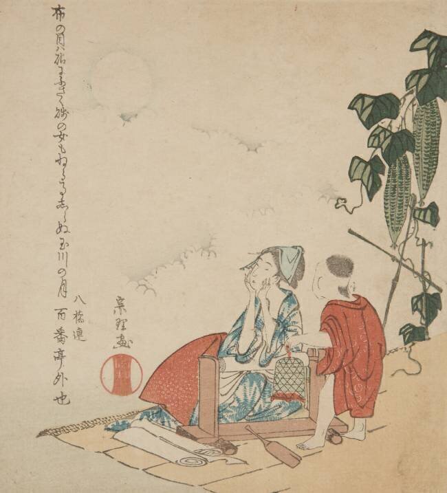 Mother and Child by Gourd Trellis in Moonlight Hokusai