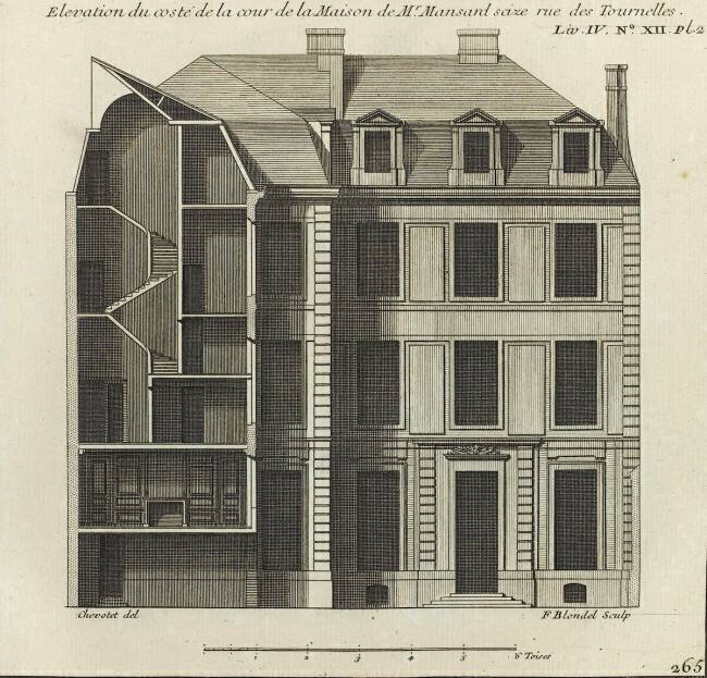 Planche 265 : coupe et élévation côté cour de la maison de Jules Hardouin-Mansart bâtie Jacques-François Blondel