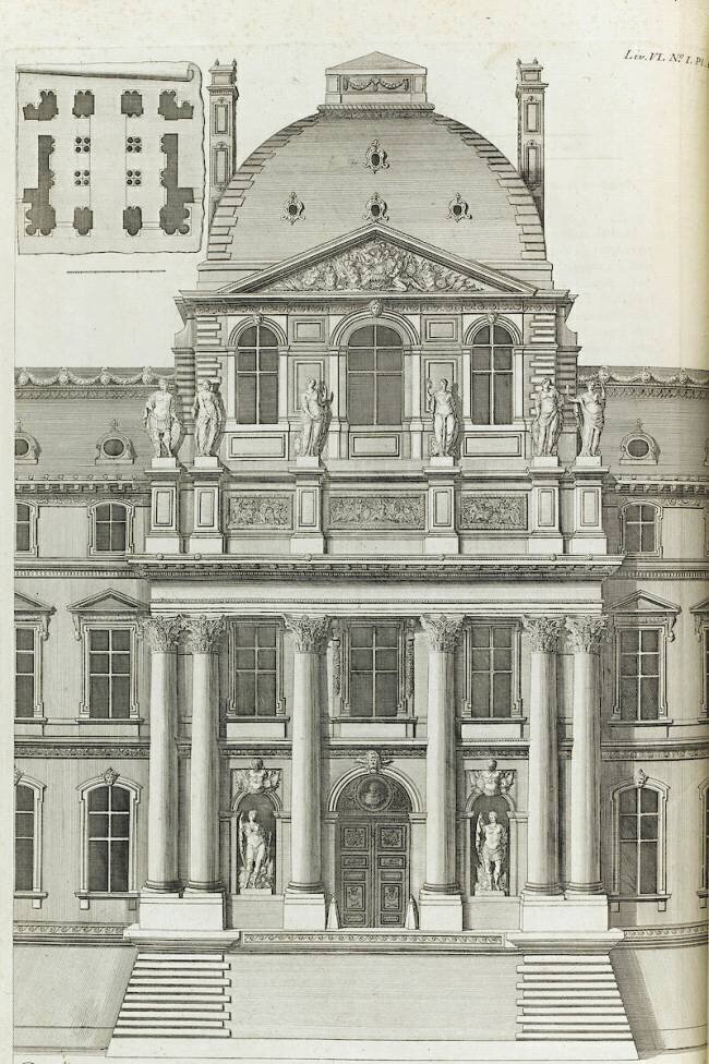 Planche 455 : élévation du pavillon central des façades du Louvre côté Seine construit par le Vau Jacques-François Blondel