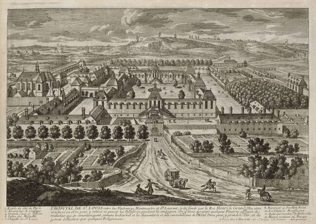 Planche 67: vue perspective de l'Hôpital Saint-Louis entre les faubourgs Montmartre et Saint Laurent Famille des Perelle