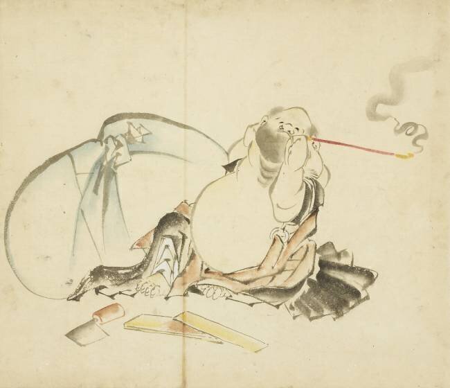 Seated Hotei Smoking a Pipe Hokusai