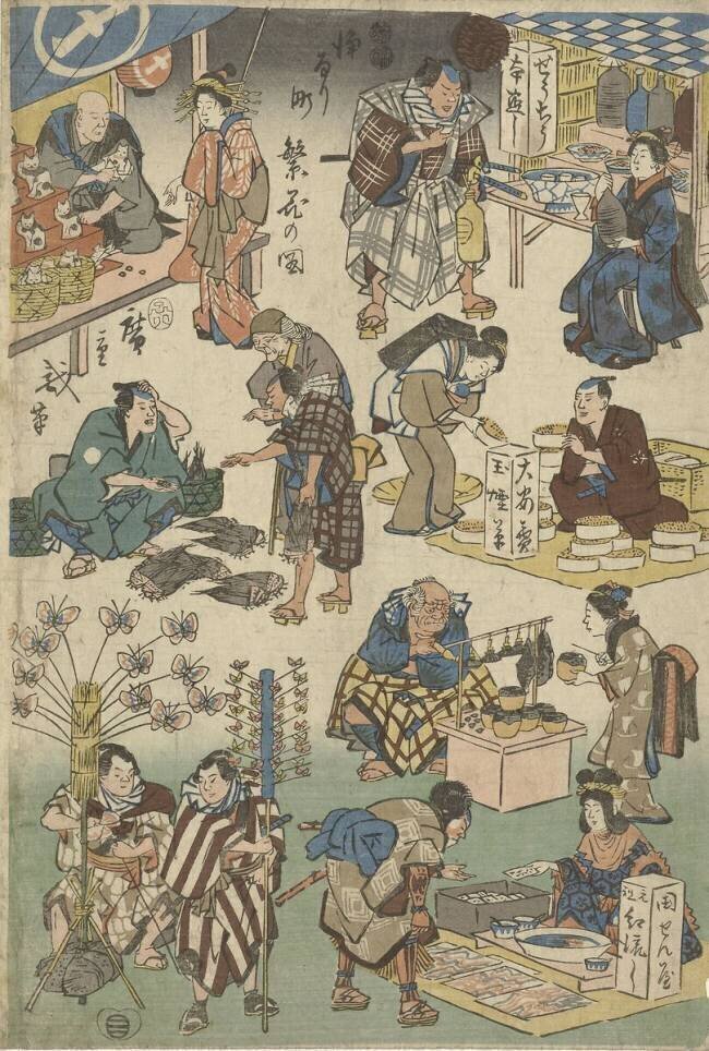 Seven stalls at the night market in Joruri street Hiroshige