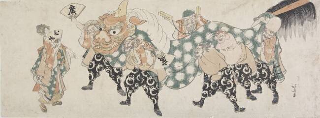 Six Male Gods Performing the Lion Dance Hokusai