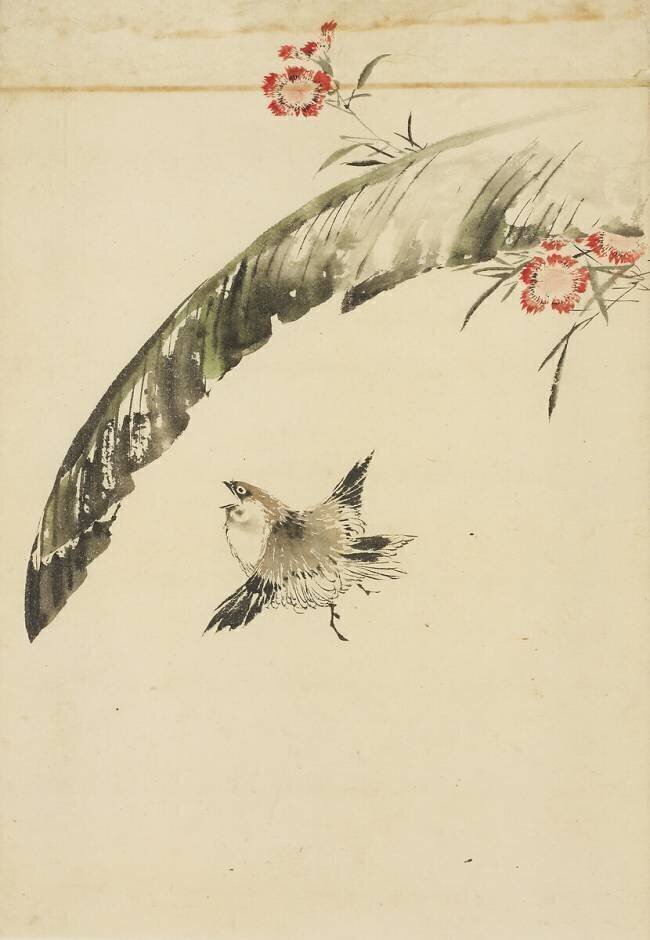 Sparrow and Banana Leaf and Pinks Hokusai
