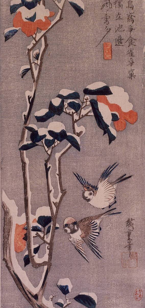 Sparrows and Camellias in Snow Hiroshige