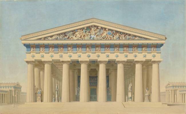 Temple T à Sélinonte (Sicile) : élévation, restitution de la façade principale Jacques-Ignace Hittorf