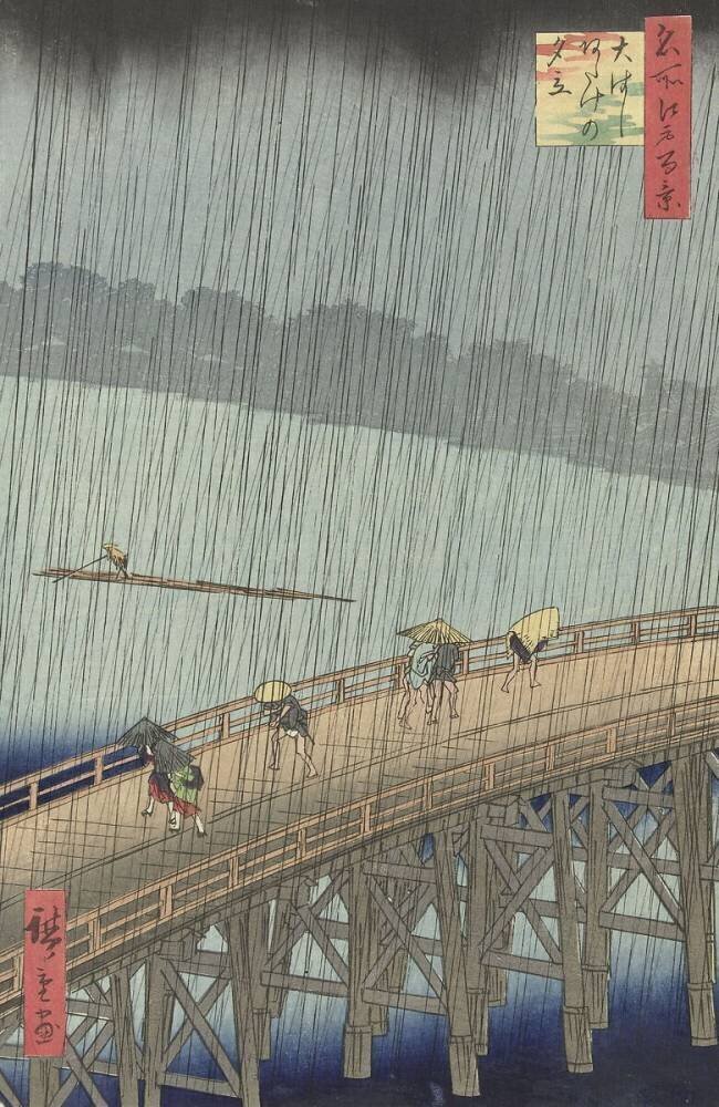Unexpected rain shower on the big bridge at Atake Hiroshige