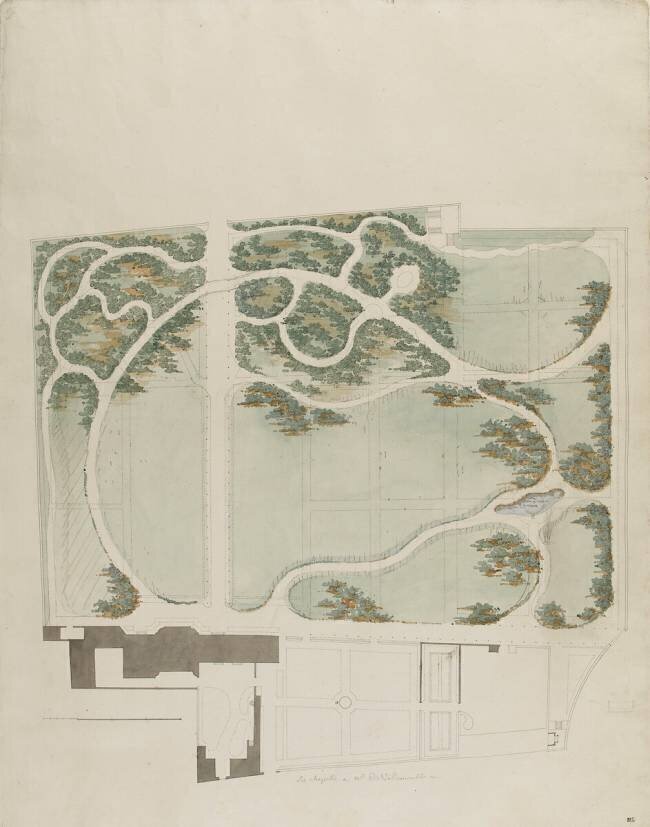 Villemomble, parc de La Chapelle : plan d'ensemble avec le jardin Alexandre-Théodore Brongniart