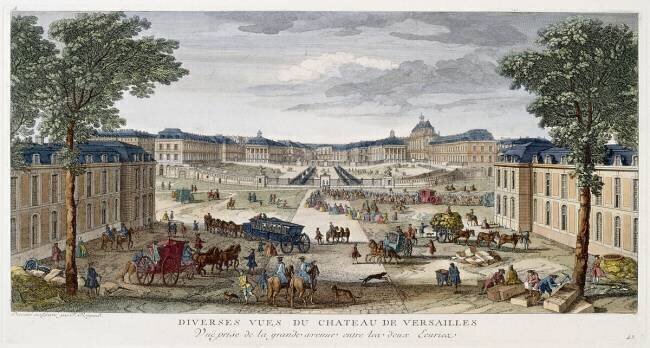Vue du château de Versailles, prise de la grande avenue entre les deux écuries Jacques Rigaud