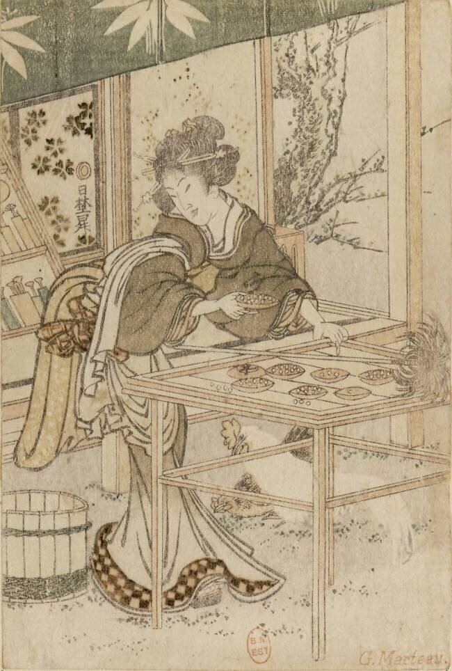 Woman with flowers, holding a cup filled with beads Hokusai