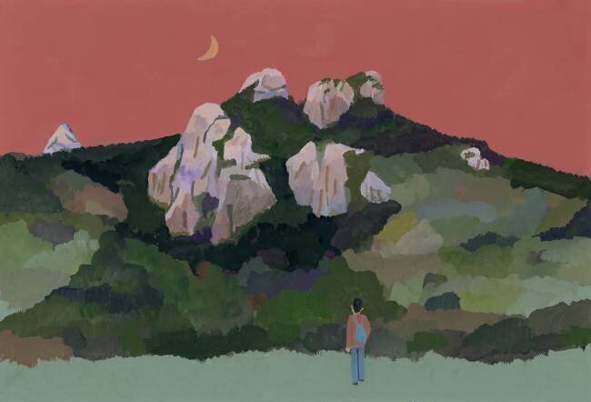 Man with backpack traveling in the mountains Hiroyuki Izutsu