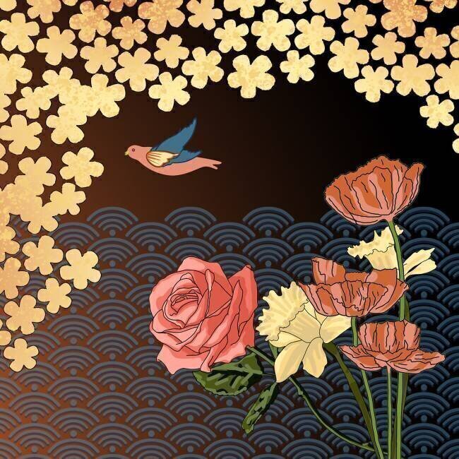 Oriental flowers and bird Claire Huntley