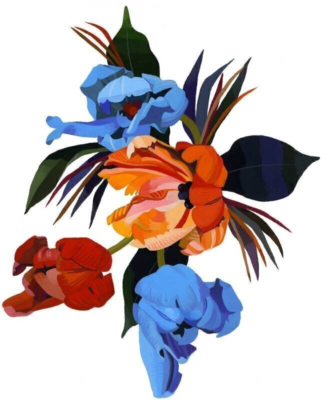 Red and Orange and light blue tulips Hiroyuki Izutsu