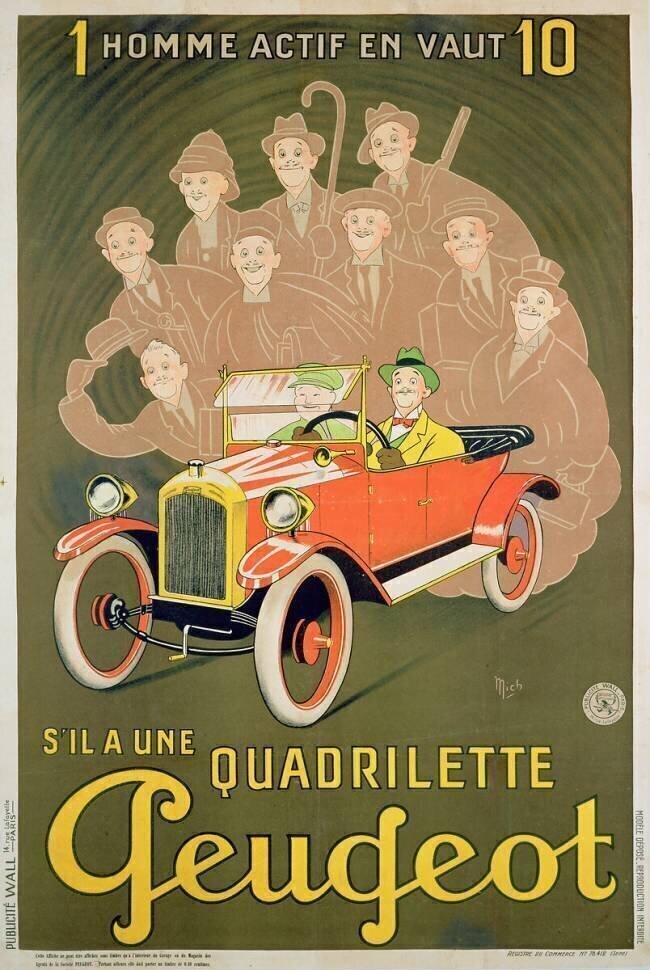 Publicité pour la Peugeot Quadrilette Michel Liebeaux