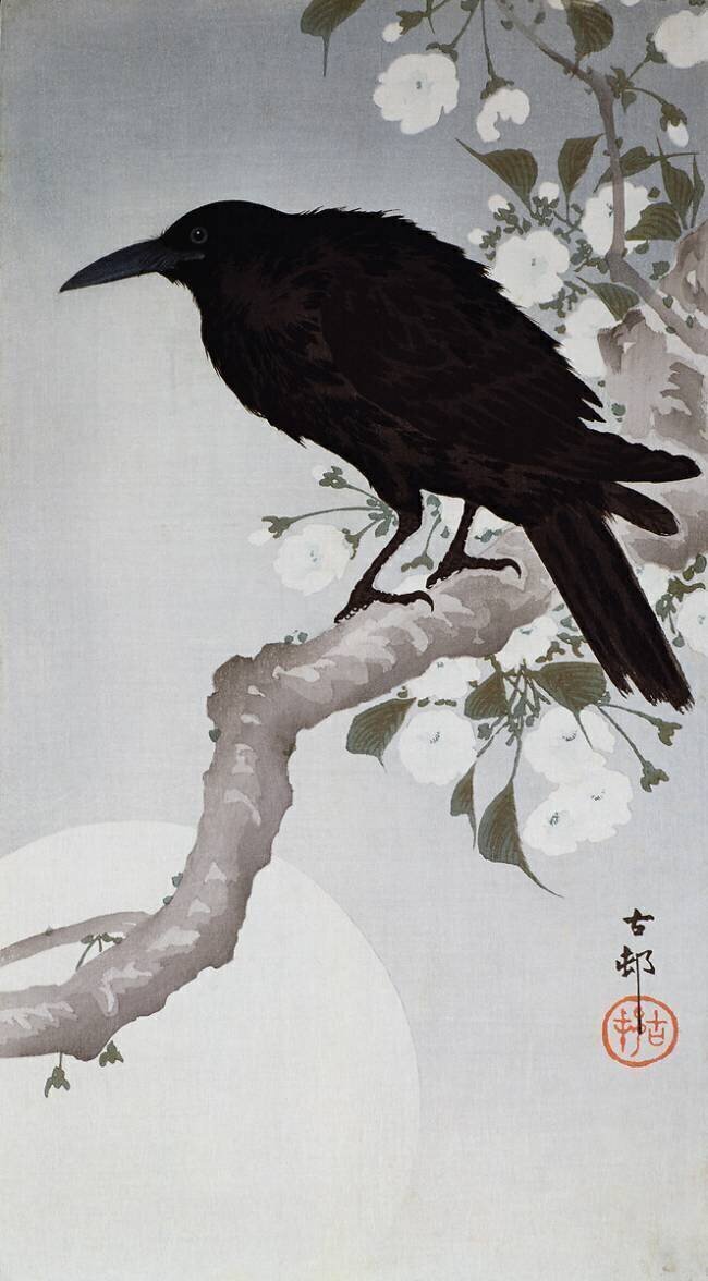 A Black Bird on a bough in the moonlight Ohara Koson