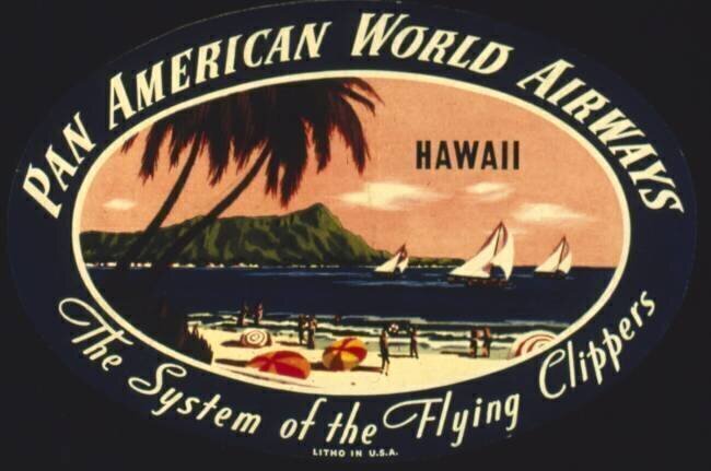 Advertisement for Pan American World Airways with a Hawaiian beach scene anonymous