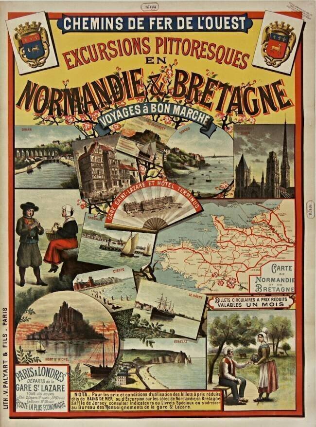 Chemins de fer de l'Ouest. Excursions pittoresques en Normandie & Bretagne voyages à bon marché..., billets circulaires à prix réduits valables un mois... anonymous