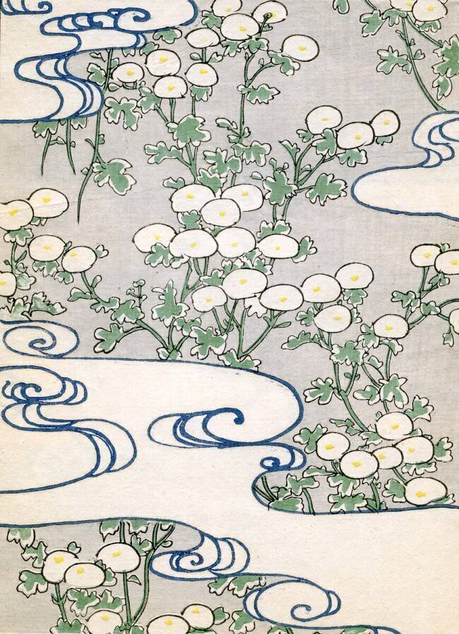 Colour woodblock print of Blooming Vines and Wave Pattern anonymous