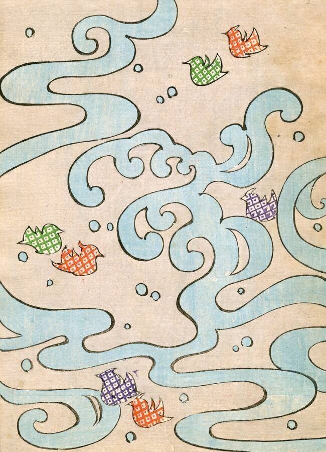 Colour woodblock print of Stylized Birds Flying Over Water anonymous