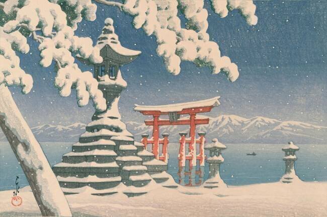 Gate of a snowcapped shrine, Itsukushima Shrine, Hiroshima, Honshu Island, Japan Hasui Kawase