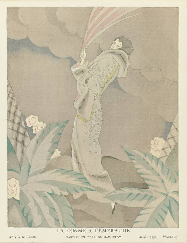 Gazette du Bon Ton 1923, No. 5, Pl. 23: La Femme a l'Émeraude - Manteau en tigre Charles Martin