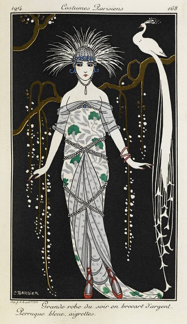 Grande robe du soir en brocart d'argent George Barbier