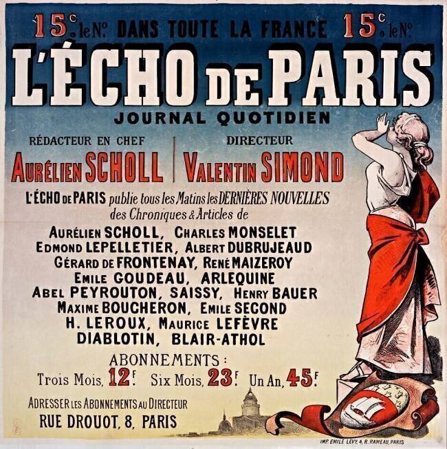 L'Echo de Paris, journal quotidien. Rédacteur en chef Aurélien Scholl, Directeur Valentin Simond... Rue Drouot,8, Paris anonymous