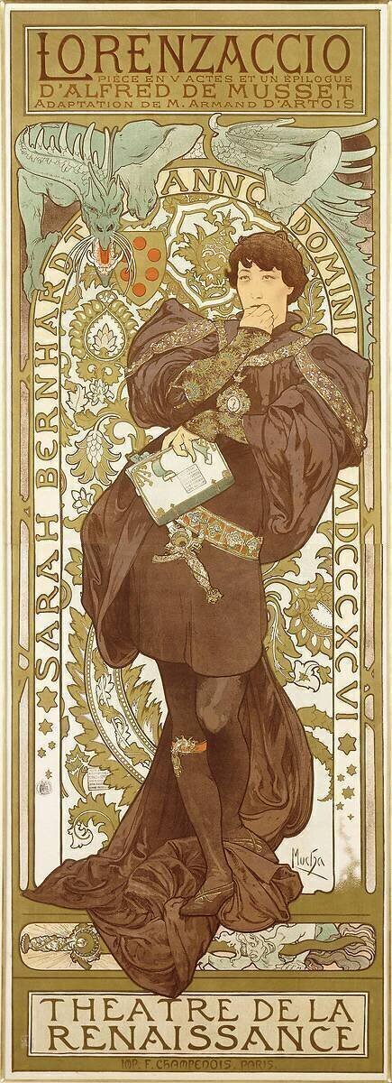 Lorenzaccio, depicting the standing figure of Sarah Bernhardt in the role Alfons Mucha