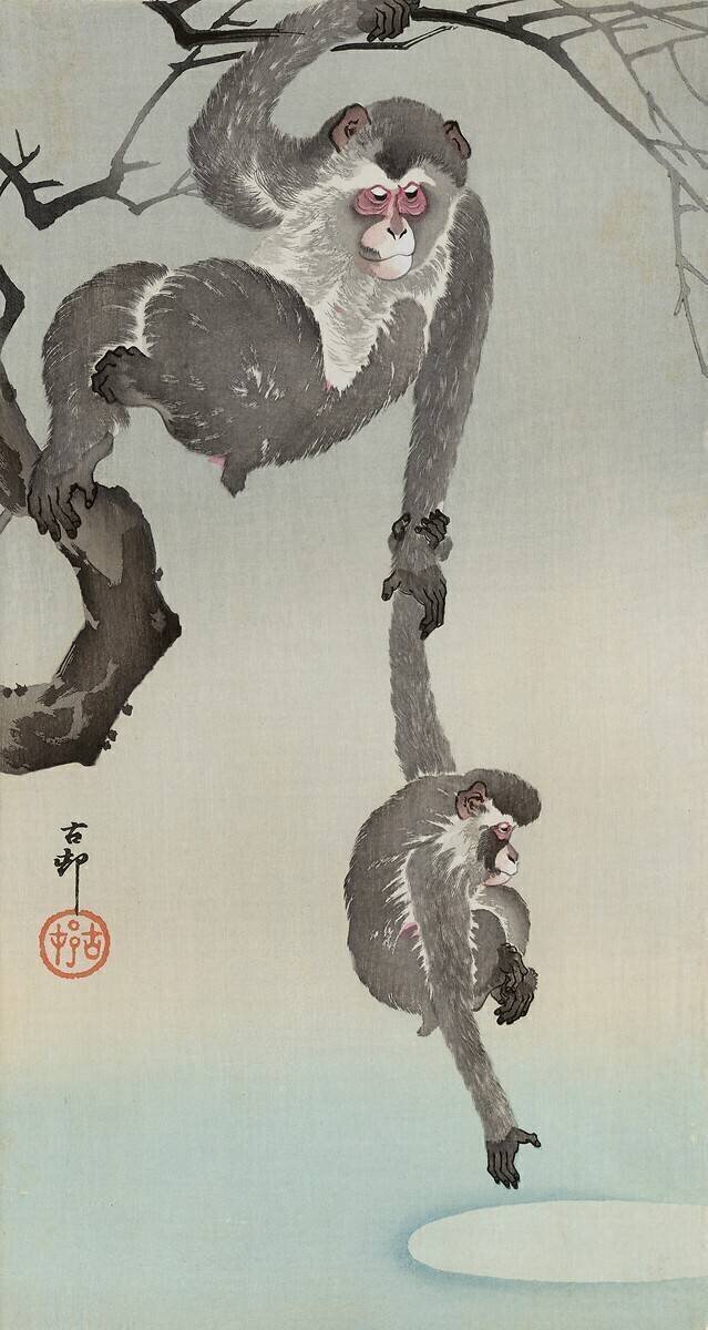 Monkey and baby reaching for the reflection of the moon Ohara Koson