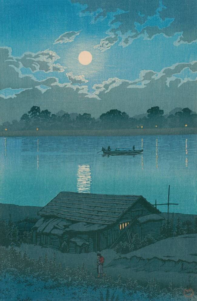 Moon over Arakawa River at Akabane Hasui Kawase