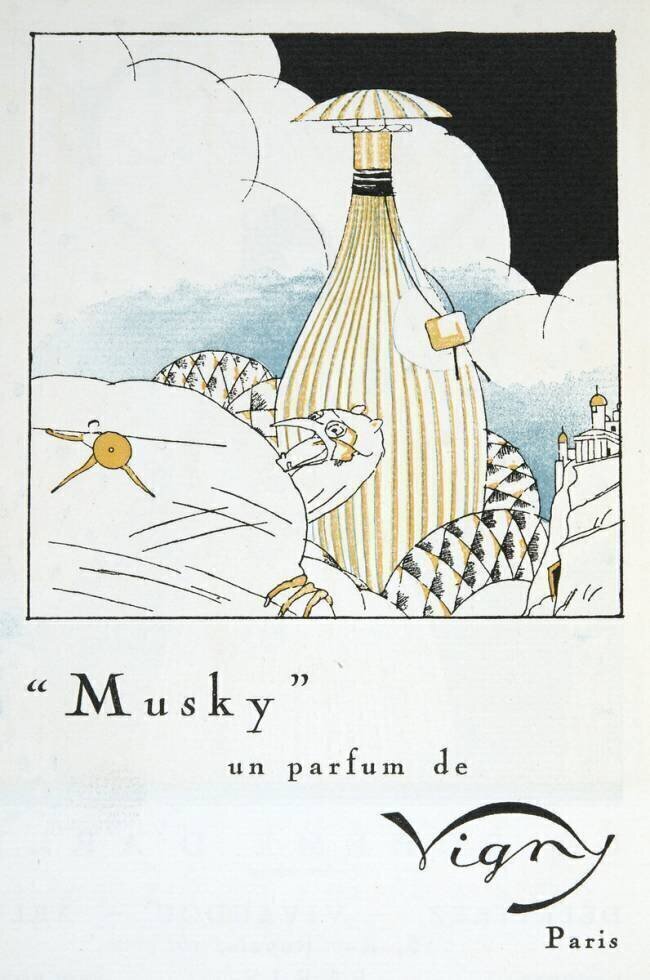 Musky, un parfum de Vigny, flacon de René Lalique, publicité pour la Gazette de Bon Ton anonymous