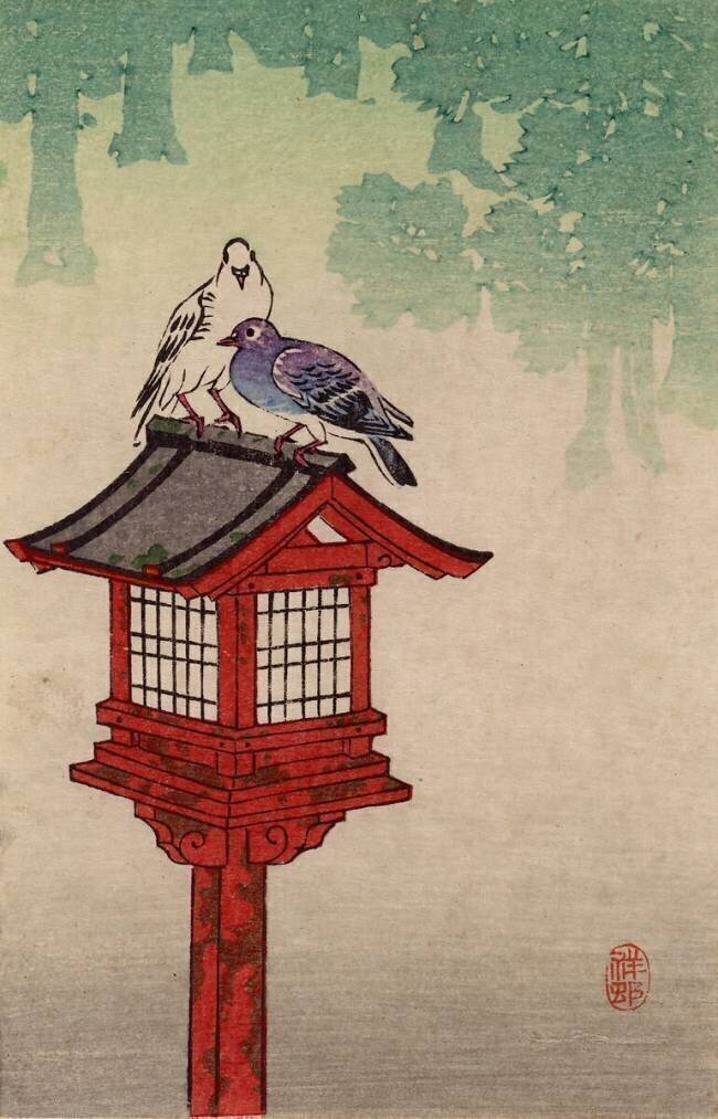 Pigeons On A Dedicatory Lantern Ohara Koson
