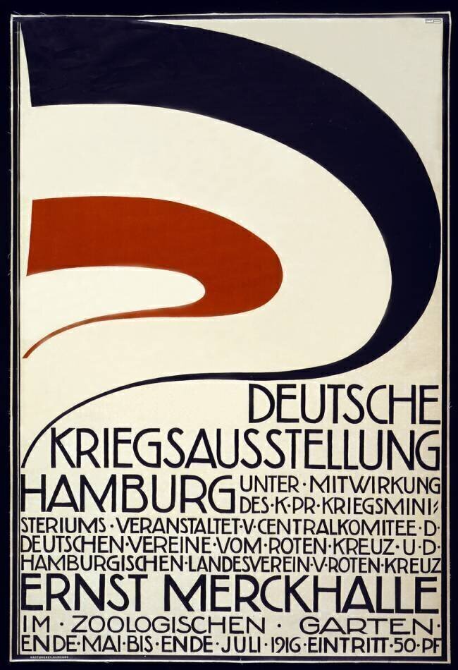 Poster advertising a War Exhibition sponsored by the Red Cross "Deutsche Kriegsausstellung" Hartung & Co.