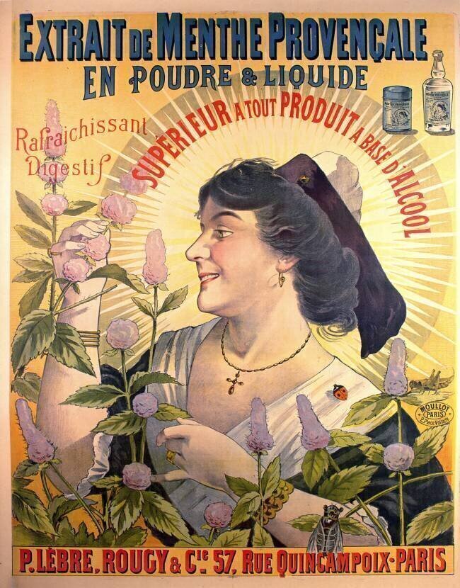 Poster advertising 'Extrait de Menthe Provencale' French digestif French School