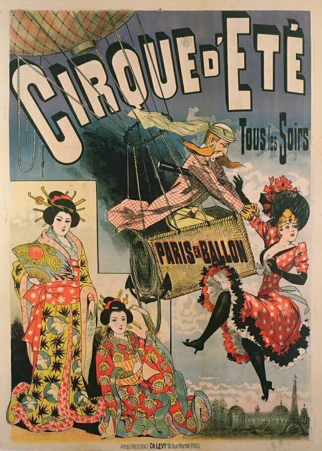 Poster advertising 'Paris en Ballon' at the 'Cirque d'Ete' French School