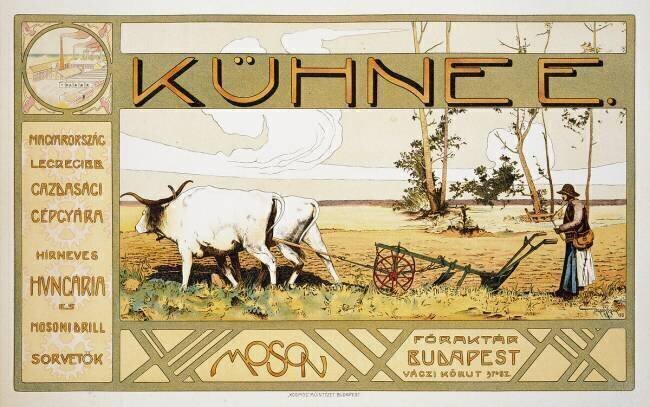 Reproduction of a poster advertising 'Kuhnee' Agricultural Manufacturers Arpad Basch