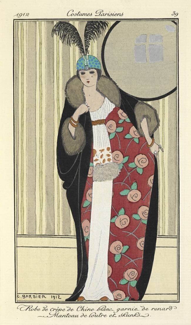 Robe de crêpe de Chine blanc garnie de renard. Manteau de loutre et skunks George Barbier