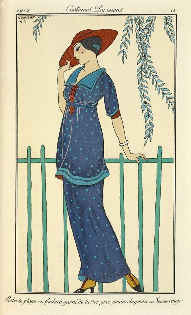 Robe de plage en foulard garni de tussor gros grain chapeau en Suède rouge George Barbier