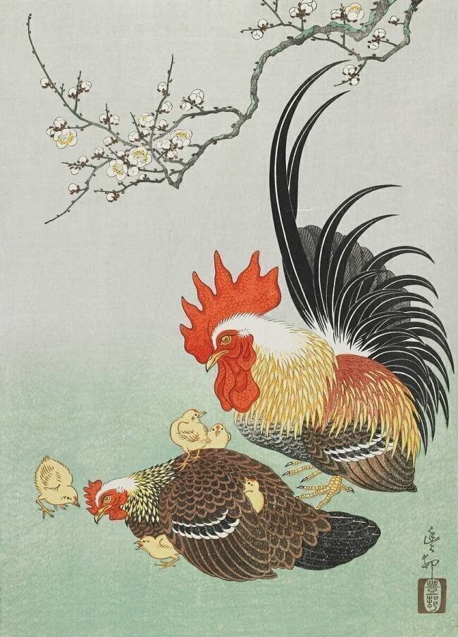 Rooster and Hen with Chicks Ohara Koson