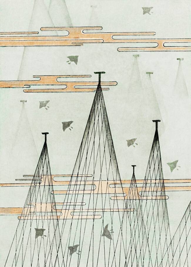 Skyscape with birds flying Watanabe Seitei
