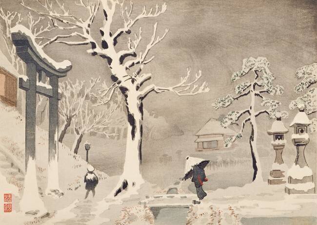 Snow Scene beneath the Embankment at Mimeguri Shrine Kiyochika Kobayashi