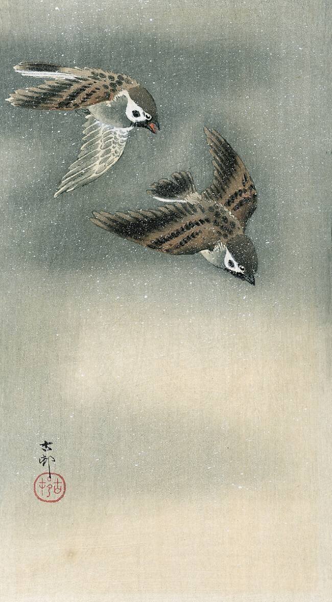 Sparrows in flight Ohara Koson