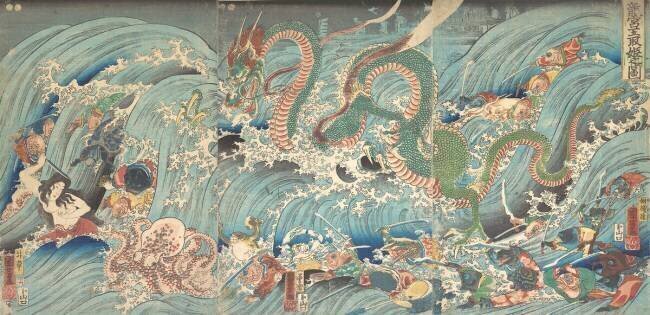 Tryptique. La pêcheuse de perles sacrées poursuivie par un grand dragon escorté de poissons Utagawa Kuniyoshi