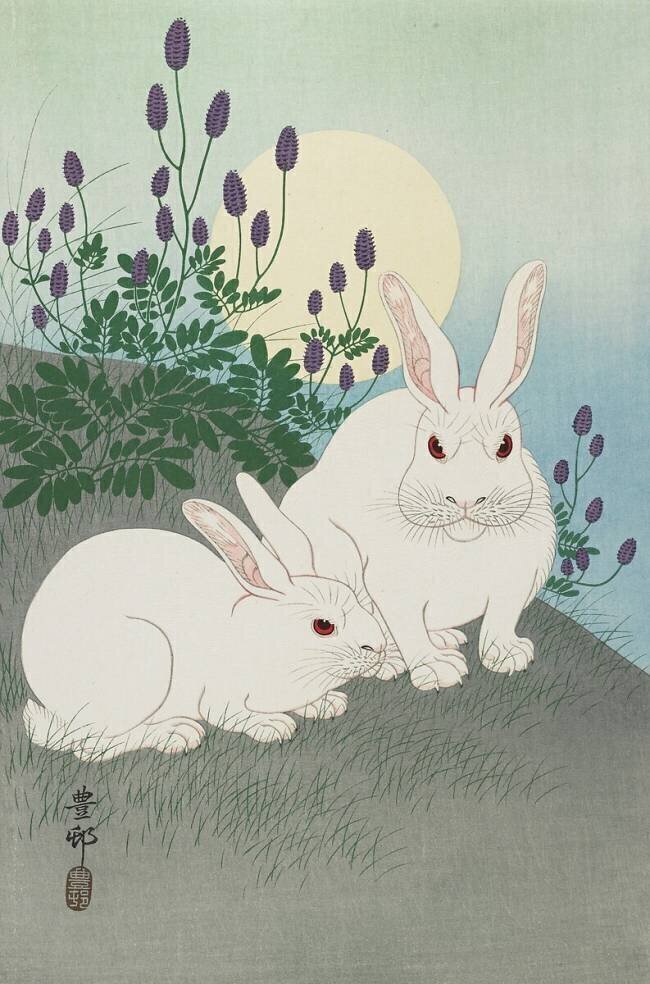 Two White Rabbits Under a Full Moon Ohara Koson
