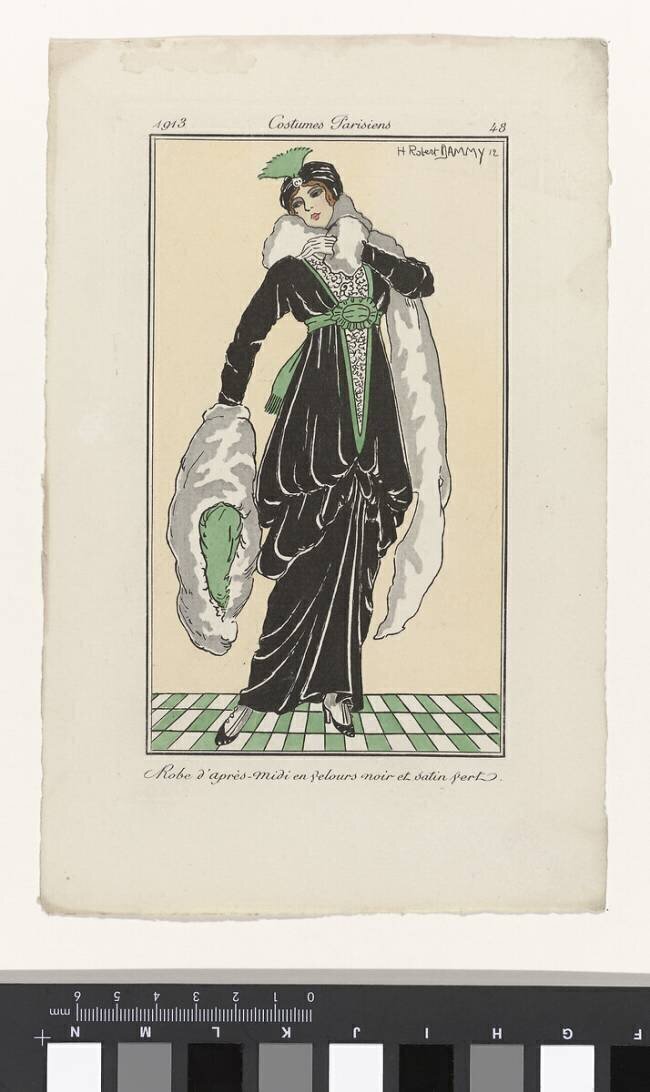 Robe d'aprés-midi en velours noir et satin vert Robert Dammy