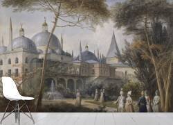 Promenade de personnages dans un jardin fleuri devant un palais (Jean-Baptiste Hilaire) - Muzeo.com